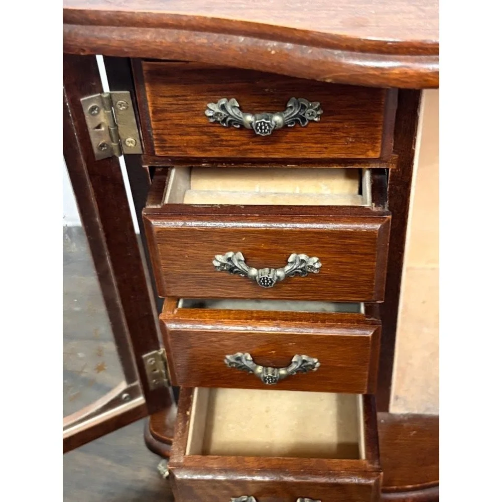 Vintage Wood Jewelry Armoire Glass Etched Doors Rotating Carousel Claw Feet